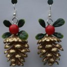 Gold Pinecone with Mistletoe Christmas Ear Rings!