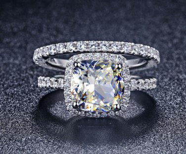 Luxury 3 Ct Cushion Cut Man Made Diamond Ring Engagement Rings Set
