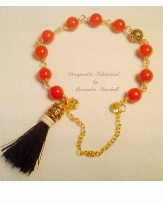 Red-Orange Coloral Bracelet with Black Silk Tassle Magnetic Clasp $49