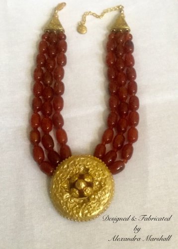 Tibetan Style Triple Strand Red Gemstone, Resiin, & Gold Finish Necklace