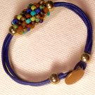 Ladies  Dark Blue Leather & Multicolored Beaded Bead Bracelet w/ Button Clasp