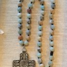 Long Chunky Multi Hued Gemstone and Pewter Celtic  Cross Necklace