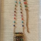 Women's Artisan Crafted Long Antiqued Gold & Vivid Colored Gemstone Boho Ladder Pendant Necklace