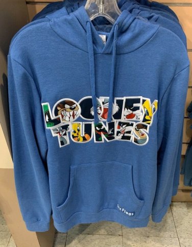 Six Flags Magic Mountain Looney Tunes Blue Adult Size Hoodie Sweater Size XL