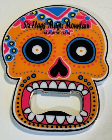 Six Flags Magic Mountain Day Of The Dead Orange  Skull Bottle Opener Magnet New