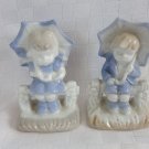VINTAGE PORCELAIN LITTLE GIRL & BOY UMBRELLA'S FIGURINE SET MADE JAPAN LOVELY