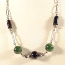 VINTAGE JADEITE & BLACK GLASS BEAD SILVERPLATE CHAIN NECKLACE LOVELY 15 1/4" L