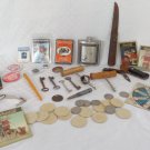 VINTAGE MENS JUNK DRAWER LOT KNIFES MEDALS POLITICAL PINS BUTTON TOOLS CORKSCREW