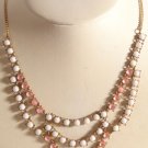 ART DECO PINK MOON & MILK GLASS BEAD PRINCESS NECKLACE GOLD PLATE OPEN PRONG