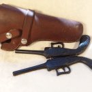 VINTAGE CAST IRON PISTOL GUN SHAPED BOOT JACK TOOL LEATHER HUNTER BRAND HOLSTER