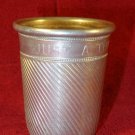 VINTAGE HAND CHASED ALUMINUM "JUST A THIMBLE FULL" METAL SHOT GLASS LOVELY
