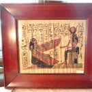 VINTAGE 50-60s EGYPTIAN PAINTING ON PAPYRUS PAPER HIEROGLYPHICS MAHOGANY FRAME