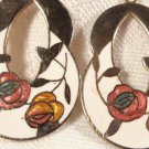 VINTAGE GOLD PLATE ENAMEL ROSES CLOISONNE DROP PIERCED EARRINGS LOVELY PAIR