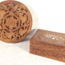 VINTAGE HAND CARVED WOOD TRINKET BOX INLAID MOTHER PEARL & TRIVET FLORAL DECOR