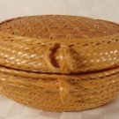 VINTAGE HAND WOVEN WICKER PETITE SEWING JEWELRY BASKET PINK SILK LINED LOVELY