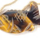 VINTAGE HAND CARVED TIGER EYE STONE TROUT FISH PENDANT NECKLACE NAUTICAL GIFT