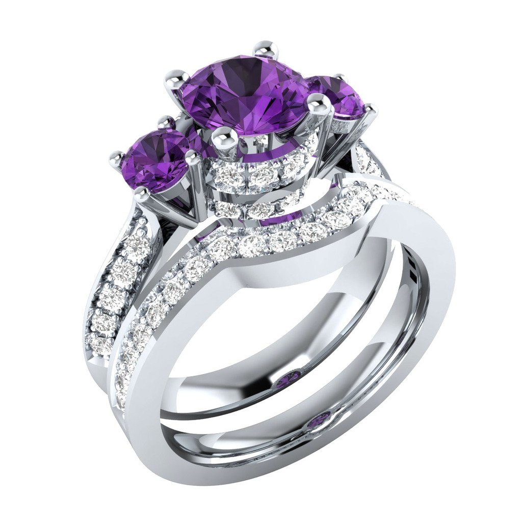 Certified 200 Ct Natural Diamond And Real Amethyst 10k White Gold Bridal Ring Set