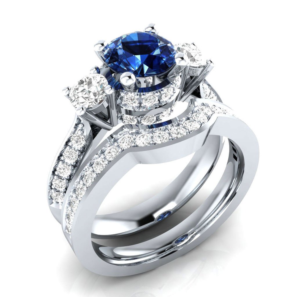 2.25ct Real Blue Sapphire & Natural Diamond 10K White Gold Bridal Ring Set
