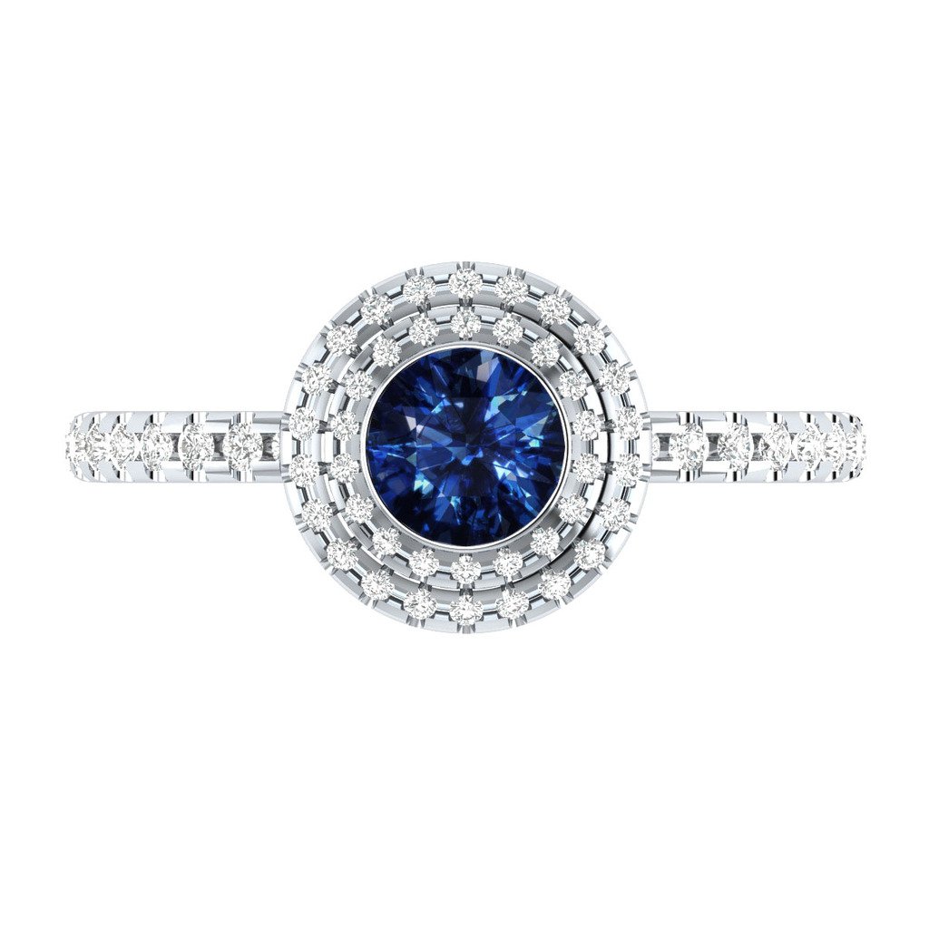 Sterling Silver 1.20 ct Round Blue & White Sapphire Halo Engagement