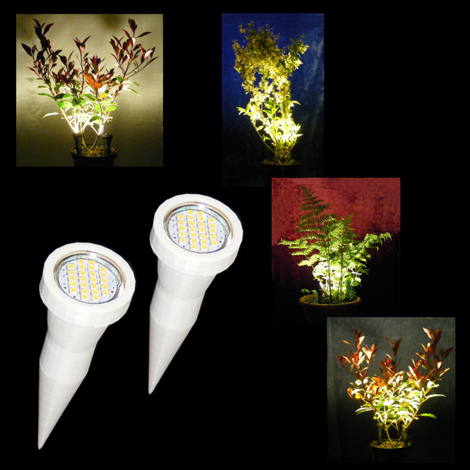 White Plant Pot Spike Lights / Pair of LED Plant Pot Uplighters / Display Lights with Mains Adapter