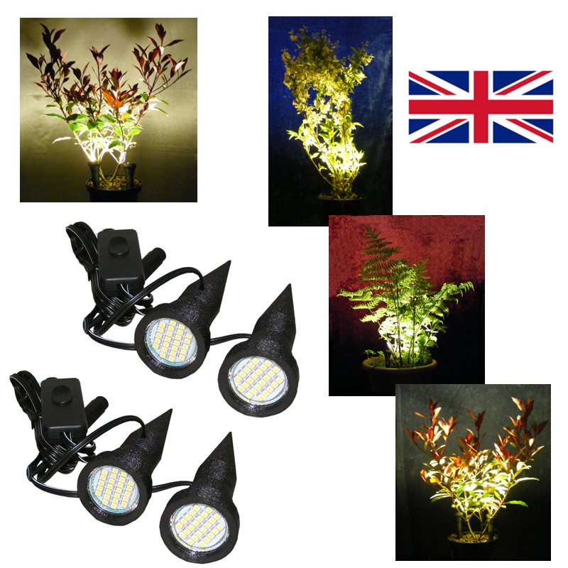Two Pairs of Black Plant Pot Uplighters / Uplights / Plant Pot Spike Lights with UK Power Supplies