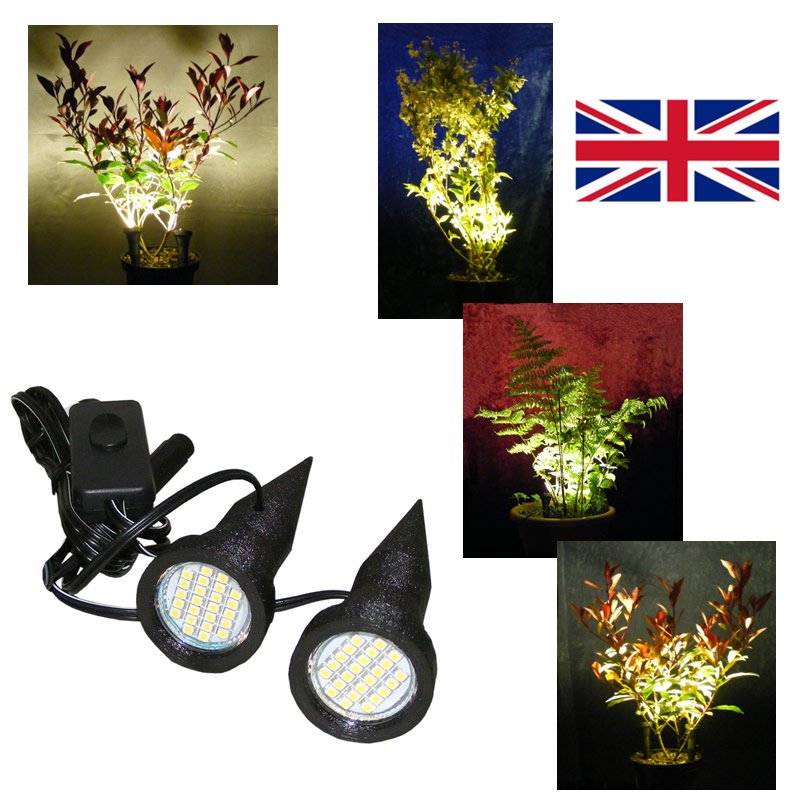 Pair of Black Plant Pot Uplighters / Plant Pot Lights / Spike Lights with UK Power Supply