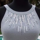 Cache $88 PEARL BEAD ENCRUSTED METALLIC HALTER Top NWT S/M/L Open Back Stretch Cache $88 PEARL BEAD ENCRUSTED METALLIC HALTER Top NWT S/M/L Open Back Stretch