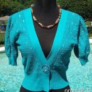 Cache $$$ SEQUIN JACKET COTTON KNIT Top SHRUG  NWT XS/S/M OCEAN BLUE