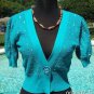 Cache $$$ SEQUIN JACKET COTTON KNIT Top SHRUG  NWT XS/S/M OCEAN BLUE