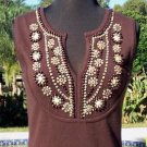 Cache $$$ PLUNGING V NECK STRETCH WOOD BEADS STONES EMBELLISHMENT Top NWT S/M/L