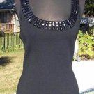Cache $88 RIB KNIT PEARLIZED EMBELLISHED Neck STRETCH  Top NWT XS/S/M