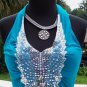 Cache Ruched Peek A Boo Sequin Plung 2 Navel Halter Top New Stretch S/M/L $118