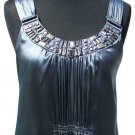 Cache Jewel Embellished Neck Ruched Peek A Boo Back Top $118 Size M Silver Gray