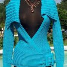 Cache Wrap Belt Cable Knit Jacket Top New Sz XS/S Ocean Blue Stretch $98 NWT
