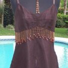 Cache Silk Wood + Bead Embellished Strings Ruched Cami Top New Sz S/M $88 NWT