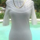 Cache Moc Neck Peek A Boo Pointelle Knit Stretch Top New XS/S Winter White $88 Cache Moc Neck Peek A Boo Pointelle Knit Stretch Top New XS/S Winter White $88