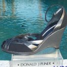 Donald Pliner Couture Black Suede Pewter Leather Wedge Shoe Peep Toe $260 NIB 10