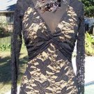 Cache Sheer Illusion Lace Open Back Nude Mesh Front Ruched Top New Stretch $108 Cache Sheer Illusion Lace Open Back Nude Mesh Front Ruched Top New Stretch $108