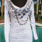 Cache Stretch White with Sapphire Chains $$$ Tee Top New Size XS/S Burn-Out NWT Cache Stretch White with Sapphire Chains $$$ Tee Top New Size XS/S Burn-Out NWT