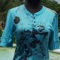 Cache Stretch Artsy Metallic Tee Top New S/M Abstract Bling Blue Splash $88 NWT
