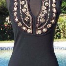 Cache Plunging V Neck Stretch Wood Beads Stones Embellishment Top NWT XS/S/M/L