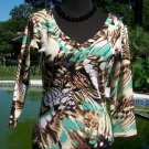 Cache Animal Embellished Double V Neck Top New Sz S Stretch 3/4 Sleeve $108 NWT Cache Animal Embellished Double V Neck Top New Sz S Stretch 3/4 Sleeve $108 NWT