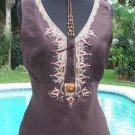 Cache 100% Silk Embroidery Embellished Lace Up Top NWT S/M/L Plunging V Neck $88