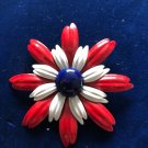 Vintage Daisy Enamel Metal Enamel Flower Brooch Pin MOD Red White Blue 3" MCM