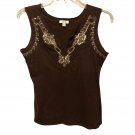Cache Stretch Cotton Embellished Tee Top Brown Gold Sequins Beach Coastal Size S Cache Stretch Cotton Embellished Tee Top Brown Gold Sequins Beach Coastal Size S