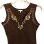 Cache Stretch Cotton Embellished Tee Top Brown Gold Sequins Beach Coastal Size S