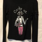 Cache Black Embellished Long Sleeve Tee T Shirt Top Sz M Sequins Stretch