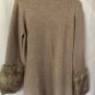Boston Proper Tan Knit Pullover Turtleneck Dress with faux fur sleeve ends Sz L