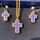 Swarovski CROSS Purple Stones Pendant Necklace Earring Jewelry Set Gold Rhodium Swarovski CROSS Purple Stones Pendant Necklace Earring Jewelry Set Gold Rhodium