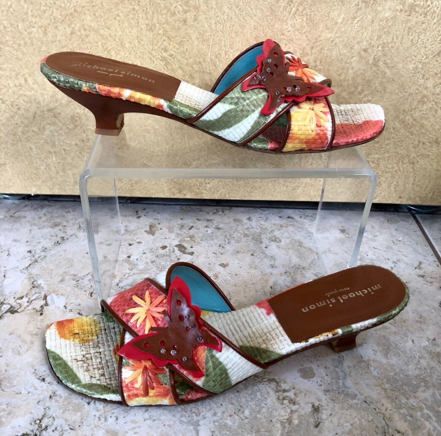 Michael Simon Shoe Slide Sandal Sz 7.5 Leather Textured Fabric Butterfly $150